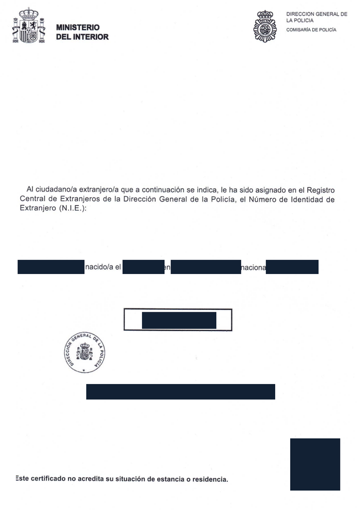 NIE certificado anonimizado